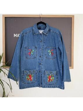 Casey Coleman Denim Jacket Embroidered Chili Pepper Blue Cotton size 9